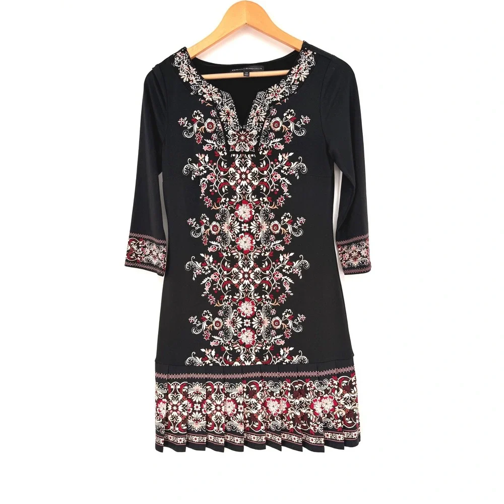 White House Black‎ Market Embroidered Black 3/4 Sleeve V Neck Dress XS